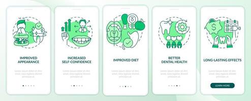 Aesthetic dentistry benefits green onboarding mobile app screen. Walkthrough 5 steps graphic instructions pages with linear concepts. UI, UX, GUI template. Myriad Pro-Bold, Regular fonts used vector