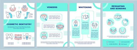 Cosmetic dental service mint brochure template. Whitening procedure. Leaflet design with linear icons. 4 vector layouts for presentation, annual reports. Arial-Black, Myriad Pro-Regular fonts used