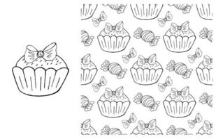 Coloring Cupcake. Set of element and seamless pattern vector