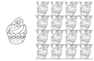 Coloring Cupcake. Set of element and seamless pattern vector