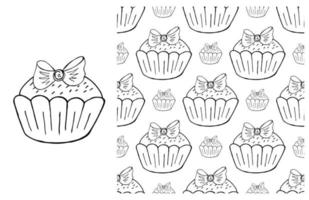 Coloring Cupcake. Set of element and seamless pattern vector