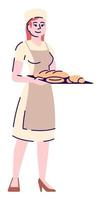 Bakery job position semi flat RGB color vector illustration. Female pastry chef with tray isolated cartoon character on white background