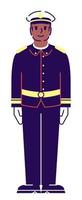 Ilustración de vector de color rgb semiplano de miembro del servicio. Puesto de trabajo. oficial marino masculino con uniforme personaje de dibujos animados aislado sobre fondo blanco
