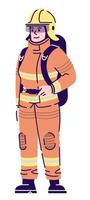 Ilustración de vector de color rgb semi plano de servicio de emergencia. bombero femenino vistiendo uniforme personaje de dibujos animados aislado sobre fondo blanco