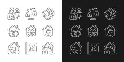 Real estate linear icons set for dark, light mode. Home and construction mortgage. Property purchasing. Asset insurance. Thin line symbols for night, day theme. Isolated illustrations. Editable stroke vector