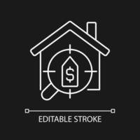 House searching services white linear icon for dark theme. Help to find dwelling. Rent apartment. Real estate. Thin line illustration. Isolated symbol for night mode. Editable stroke. Arial font used vector