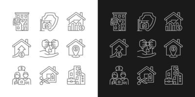 Immovable property purchasing linear icons set for dark, light mode. Apartment and house buying. Realty market. Thin line symbols for night, day theme. Isolated illustrations. Editable stroke