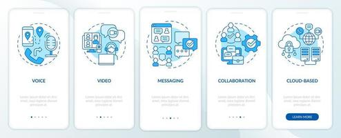 UCaaS functions blue onboarding mobile app screen. Connection walkthrough 5 steps graphic instructions pages with linear concepts. UI, UX, GUI template. Myriad Pro-Bold, Regular fonts used vector