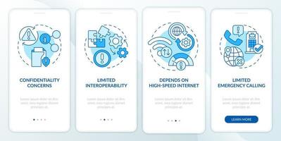 UCaaS risks blue onboarding mobile app screen. Network issues walkthrough 4 steps graphic instructions pages with linear concepts. UI, UX, GUI template. Myriad Pro-Bold, Regular fonts used vector