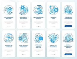 UCaaS blue onboarding mobile app screen set. Communication walkthrough 5 steps graphic instructions pages with linear concepts. UI, UX, GUI template. Myriad Pro-Bold, Regular fonts used vector