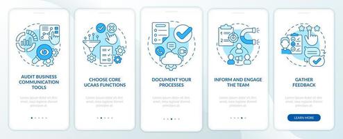 How to move to UCaaS blue onboarding mobile app screen. Network build walkthrough 5 steps graphic instructions pages with linear concepts. UI, UX, GUI template. Myriad Pro-Bold, Regular fonts used vector