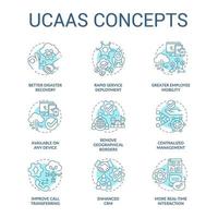 UCaaS concept turquoise icons set. Cloud delivered unified communications model. Customer service idea thin line color illustrations. Isolated symbols. Roboto-Medium, Myriad Pro-Bold fonts used vector