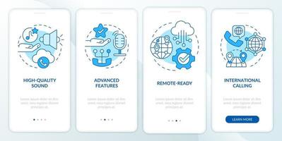 Benefits of VOIP blue onboarding mobile app screen. IP telephony walkthrough 4 steps graphic instructions pages with linear concepts. UI, UX, GUI template. Myriad Pro-Bold, Regular fonts used vector