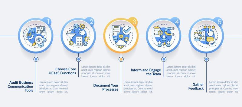 How to move to UCaaS circle infographic template. Service improving. Data visualization with 5 steps. Process timeline info chart. Workflow layout with line icons. Lato-Bold, Regular fonts used