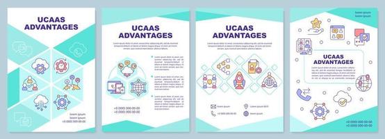 UCAAS advantages mint green brochure template. Users benefits. Leaflet design with linear icons. 4 vector layouts for presentation, annual reports. Arial-Black, Myriad Pro-Regular fonts used