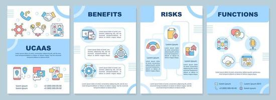 UCaaS system usage blue brochure template. Network service. Leaflet design with linear icons. 4 vector layouts for presentation, annual reports. Arial-Black, Myriad Pro-Regular fonts used