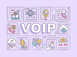 VOIP word concepts purple banner. IP telephony service. Communication technology. Infographics with icons on color background. Isolated typography. Vector illustration with text. Arial-Black font used
