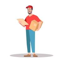 Checking delivery data semi flat RGB color vector illustration. Delivery person with cardboard box isolated cartoon character on white background