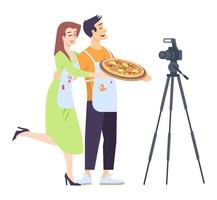 cocinar juntos ilustración de vector de color rgb semi plano. pareja feliz mostrando pizza en cámara personajes de dibujos animados aislados sobre fondo blanco