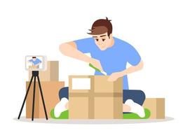 Recording unboxing video semi flat RGB color vector illustration. Young male blogger isolated cartoon character on white background