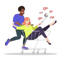 Spending time at mall with fun semi flat RGB color vector illustration. Friends bloggers having fun together isolated cartoon characters on white background