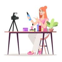Testing new cosmetics for audience semi flat RGB color vector illustration. Female beauty influencer isolated cartoon character on white background