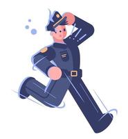 Ilustración de vector de color rgb semi plano de trabajo de oficial de policía. policía con prisa personaje de dibujos animados aislado sobre fondo blanco