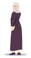 Beautiful lady in scarf and long dress semi flat RGB color vector illustration. Smiling modest woman wearing hijab isolated cartoon character on white background
