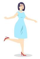 elegante mujer joven semi plana rgb color vector ilustración. mujer alegre en vestido azul de moda personaje de dibujos animados aislado sobre fondo blanco