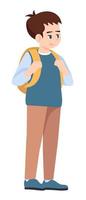 ilustración de vector de color rgb semiplano de regreso a la escuela. niño pequeño con mochila personaje de dibujos animados aislado sobre fondo blanco