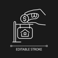 Down payment white linear icon for dark theme. Amount of cash. Loan for buying house. Property sale. Thin line illustration. Isolated symbol for night mode. Editable stroke. Arial font used vector