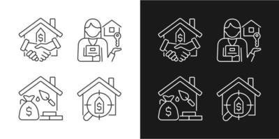 Home buying process linear icons set for dark, light mode. Real estate agent. Property mortgage. Searching house. Thin line symbols for night, day theme. Isolated illustrations. Editable stroke vector