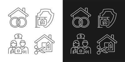 Property purchasing legal features linear icons set for dark, light mode. Community realty. House price negotiation. Thin line symbols for night, day theme. Isolated illustrations. Editable stroke vector