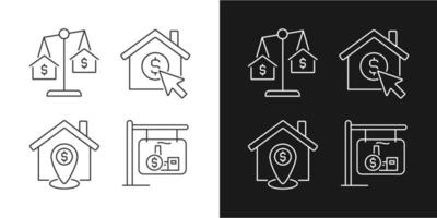 Housing searching linear icons set for dark, light mode. Property comparison. Home location. Real estate website. Thin line symbols for night, day theme. Isolated illustrations. Editable stroke vector