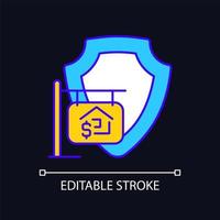 House selling insurance RGB color icon for dark theme. Asset coverage. Protection and damage prevention. Simple filled line drawing on night mode background. Editable stroke. Arial font used vector