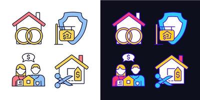 Property purchasing legal features light and dark theme color icons set. Community realty. House price negotiation. Simple filled line drawings. Bright cliparts on white and black. Editable stroke