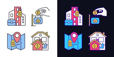 Realty purchasing types light and dark theme color icons set. Commercial and private property. Real estate price. Simple filled line drawings. Bright cliparts on white and black. Editable stroke vector