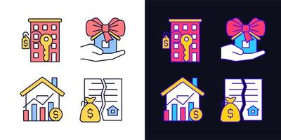 Real estate market light and dark theme color icons set. Property sale. Apartment purchasing. Home donation. Simple filled line drawings. Bright cliparts on white and black. Editable stroke