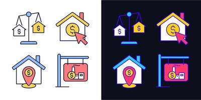 Housing searching light and dark theme color icons set. Property comparison. Home location. Real estate website. Simple filled line drawings. Bright cliparts on white and black. Editable stroke vector