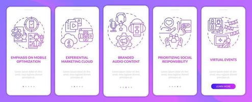 Marketing trends examples purple gradient onboarding mobile app screen. Walkthrough 5 steps graphic instructions pages with linear concepts. UI, UX, GUI template. Myriad Pro-Bold, Regular fonts used vector