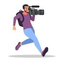 operador de cámara con equipo de grabación en la ilustración de vector de color rgb semiplano de hombro. ocupación de los medios de comunicación. personaje de dibujos animados aislado de paparazzi macho corriendo sobre fondo blanco