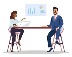 Data analytics discussion semi flat RGB color vector illustration. Mass media occupation. Female news presenter interviewing economic expert isolated cartoon characters on white background