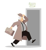 Running away from paparazzi semi flat RGB color vector illustration. Mass media occupation. Old man hurrying to building exit isolated cartoon character on white background