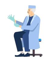 Healthcare profession semi flat RGB color vector illustration. Middle aged physician putting on medical gloves isolated cartoon character on white background