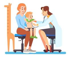 Visiting pediatrician semi flat RGB color vector illustration. Mother with toddler and female doctor isolated cartoon characters on white background