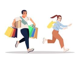 Shopping together semi flat RGB color vector illustration. Excited girl and boy participating in sales event isolated cartoon characters on white background