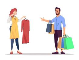 Boutique visit semi flat RGB color vector illustration. Husband helps wife with choosing dress isolated cartoon characters on white background