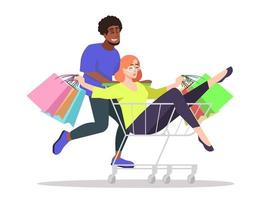 disfrutando del tiempo ilustración de vector de color rgb semi plano. amigo varón rodando novia en carrito de compras personajes de dibujos animados aislados sobre fondo blanco