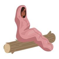 Enjoying camping at night semi flat RGB color vector illustration. Woman in sleeping bag sitting on log isolated cartoon character on white background