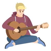 Ilustración de vector de color rgb semi plano de guitarrista de fogata. joven rubio tocando la guitarra personaje de dibujos animados aislado sobre fondo blanco